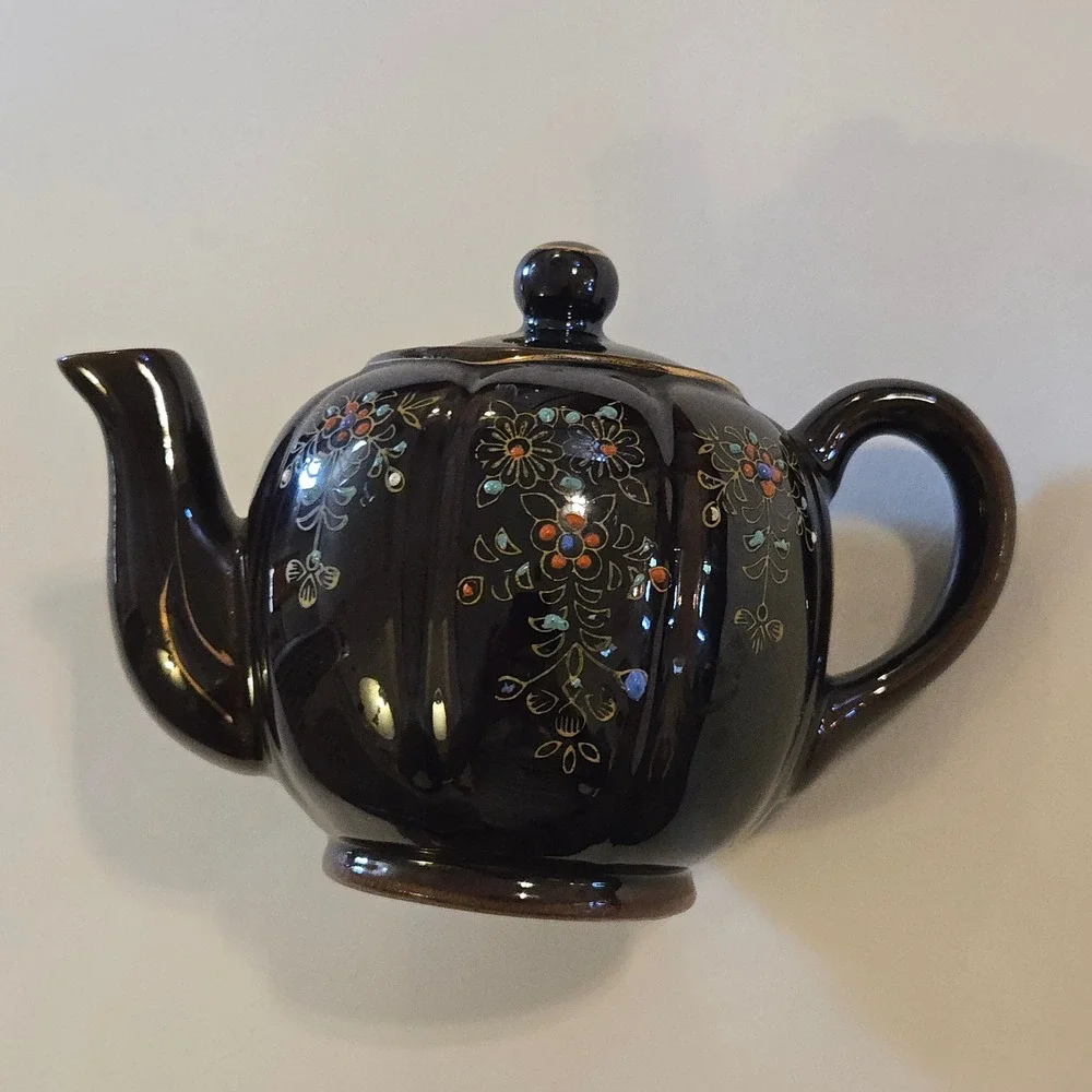 VTG Japan Teapot Brown Ceramic Floral Moriage Raised Enamel Hand Painted Tea Pot